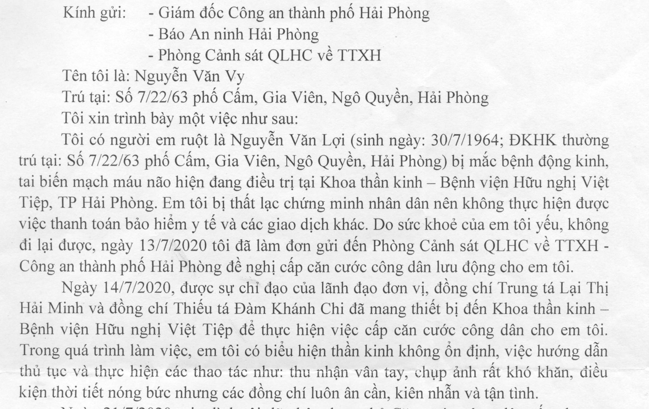 Ông Nguyễn Văn Vy gửi thư cảm ơn CATP, Phòng Quản lý hành chính về trật tự xã hội và hai cán bộ giúp cấp căn cước công dân lưu động